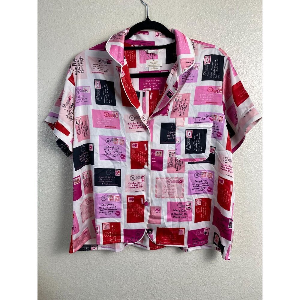 Kate Spade Button Up Pajama Top Patchwork Print Red Pink Women size Large